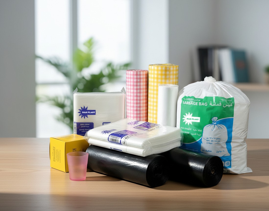 eco-friendly plastic products and biodegradable packaging materials, sustainable business, professional photography